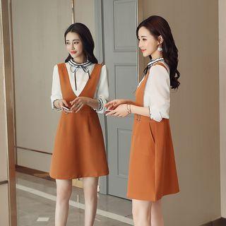 Set: Contrast Trim Blouse + Suspender Skirt