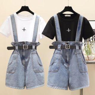 Set: Plane Embroidered Short-sleeve T-shirt + Denim Jumper Shorts