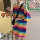Striped Elbow-sleeve Polo Shirt Dress / Sweatshorts