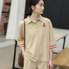 3/4-sleeve Embroidered Polo Shirt As Shown In Figure - One Size