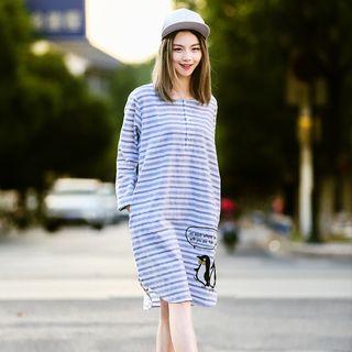 Penguin Applique Striped Long Sleeve Dress