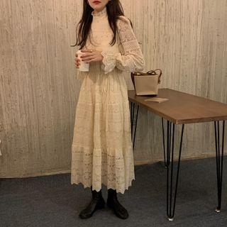 Long-sleeve Lace Midi Shift Dress Almond - One Size