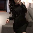 Cold Shoulder Long-sleeve Knit Sheath Dress Black - One Size