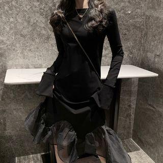 Long-sleeve Mesh Ruffle Hem Midi T-shirt Dress