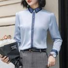 Contrast Trim Shirt / Plaid Straight-fit Pants / High-waist Pencil Skirt / Set