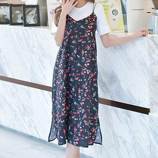 Set: Plain Short-sleeve T-shirt + Printed Midi Spaghetti Strap Dress