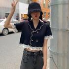 Short-sleeve Lace Panel Cropped Knit Top Black - One Size
