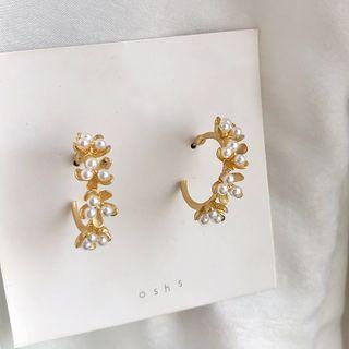Faux Pearl Flower Open Hoop Earring 1 Pair - Gold - One Size