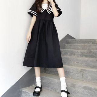 Short-sleeve Sailor Collared Midi A-line Dress Black - One Size