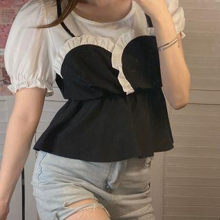 Short-sleeve Ruffle Trim Mock Two Piece Blouse Black & White - One Size