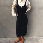 Puff-sleeve Buttoned Blouse / Sleeveless Midi Dress