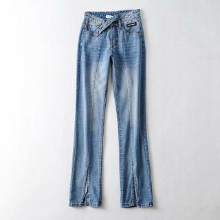 High-waist Front-slit Jeans