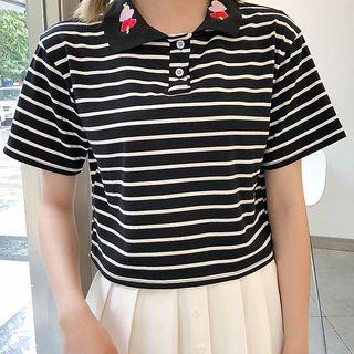 Heart Embroidered Short-sleeve Striped Polo Shirt