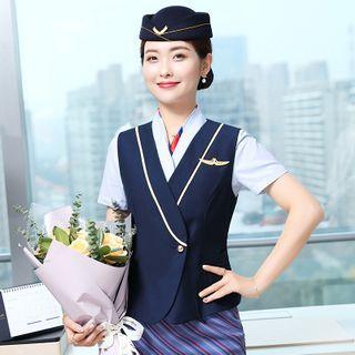 Single Breasted Vest / Short-sleeve V-neck Shirt / Dress Pants / Mini Pencil Skirt / Brooch / Set