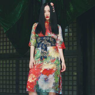 Japanese-style Printed Chiffon Qipao(waist Belt Not Included) As Shown In Figure - One Size