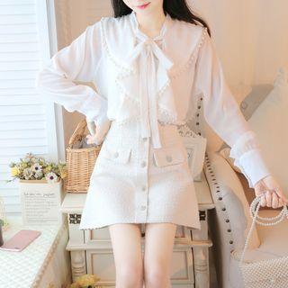 Set: Ruffled Beaded Tie-neck Blouse + A-line Skirt