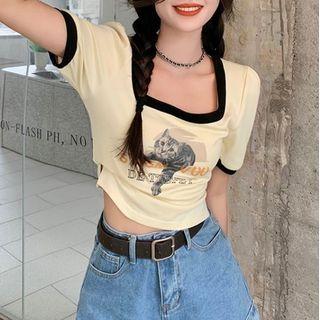Short-sleeve Cat Print T-shirt Cat Print - Light Yellow - One Size