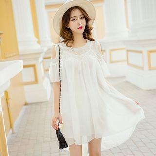 Cold Shoulder Embellished Short-sleeve A-line Dress