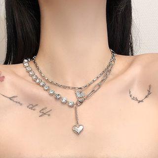 Heart Pendant Rhinestone Layered Choker Set Of 2 - Silver - One Size