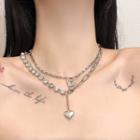 Heart Pendant Rhinestone Layered Choker Set Of 2 - Silver - One Size