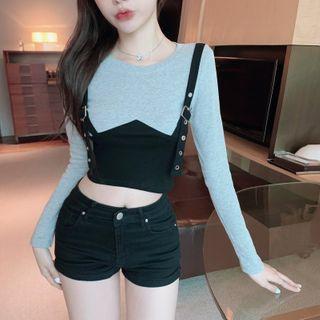 Long-sleeve Mock Two Piece Cropped Top