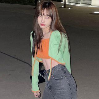 Mock Two-piece Two-tone Knit Crop Top Green - One Size