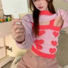 Set: Sleeveless Heart Pattern Knit Top + Shrug Set Of 2 - Pink - One Size