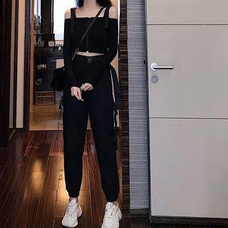 Zip Detail Cold Shoulder Crop Top / Cropped Harem Pants With Belt
