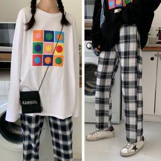 Long-sleeve Smiley Print Loose-fit T-shirt / Plaid Loose-fit Pants