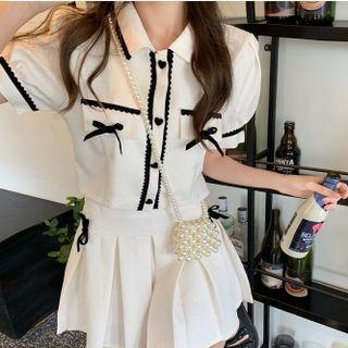 Short-sleeve Contrast Trim Shirt / Pleated Mini Skirt