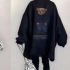 Long-sleeve Round-neck Bear Print Fleece-lined Sweatshirt Black - One Size