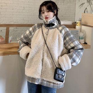 Fleece Panel Plaid Zip Jacket Beige - One Size