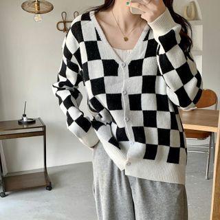 V-neck Plaid Cardigan Black & White - One Size