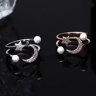 Faux Pearl Rhinestone Moon & Star Open Ring