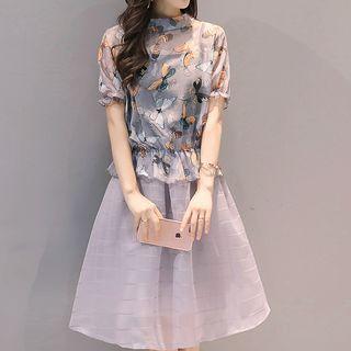 Set: Butterfly Print Short-sleeve Top + Camisole Top + A-line Skirt