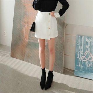 Button-front Asymmetric-hem Miniskirt