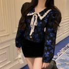 Puff-sleeve Lace Cropped Jacket Blue & Black - One Size