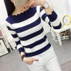 Striped Scallop Trim Long Sleeve Knit Top