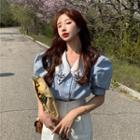 Collared Puff-sleeve Pintuck Blouse / High-waist Shorts