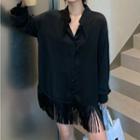 Fringe Trim Long-sleeve Shirtdress Black - One Size