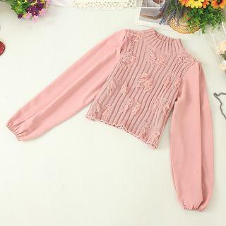 Mock-turtleneck Chiffon Sleeve Fringed Sweater
