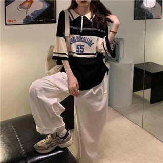Elbow-sleeve Collar Lettering Knit Top Black & Beige Almond - One Size