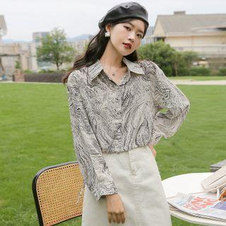 Print Drawstring-hem Crop Shirt Print - Black & Gray - One Size