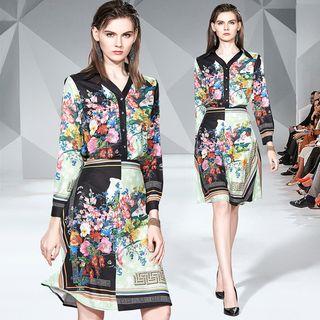 Set: V-neck Printed Blouse + A-line Skirt