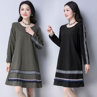 Long-sleeve Patterned Panel A-line Dress