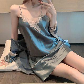 Set: V-neck Silky Mini Spaghetti-strap Dress + Long-sleeve Silky Jacket