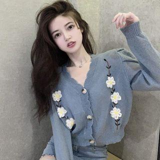 Flower-embroidered Button-up Light Knit Top