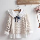 Chevron Stripe Cable-knit Sweater/ Bow Accent Long-sleeve Blouse/ Set