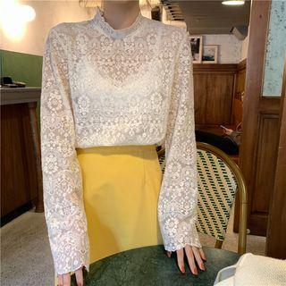 Mock-neck Sheer-lace Top / Cable-knit Cardigan