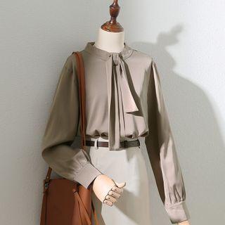 Long-sleeve Stand-collar Bow Plain Shirt